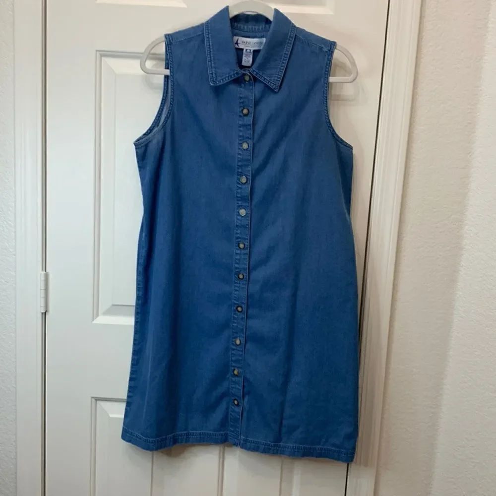 Marsh Landing 💯 Cotton Medium Short Sleeve Midi Button Front Blue Denim Dress